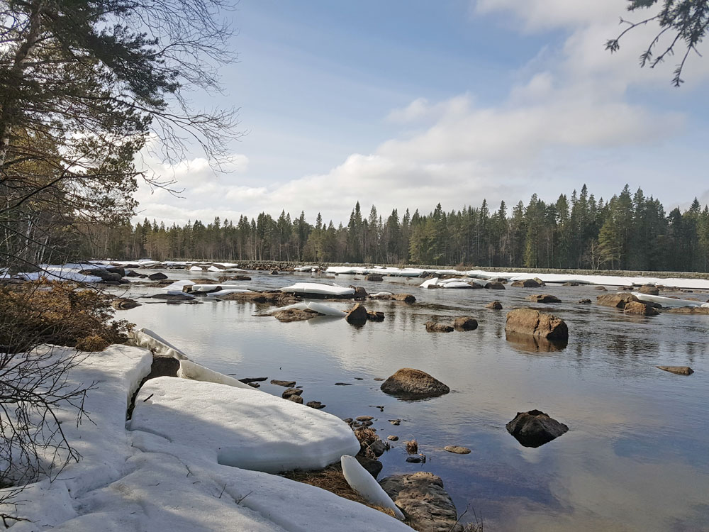 vinterbild på Ljusnan med is i kanterna