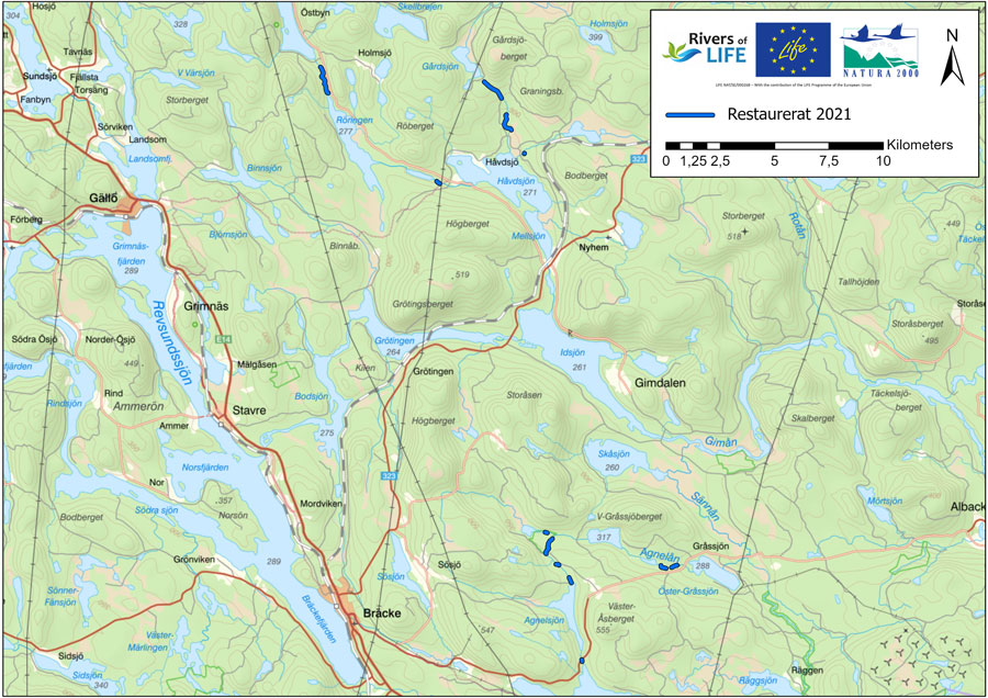 Karta över restaurerade vattendrag i Jämtlands län 2021.