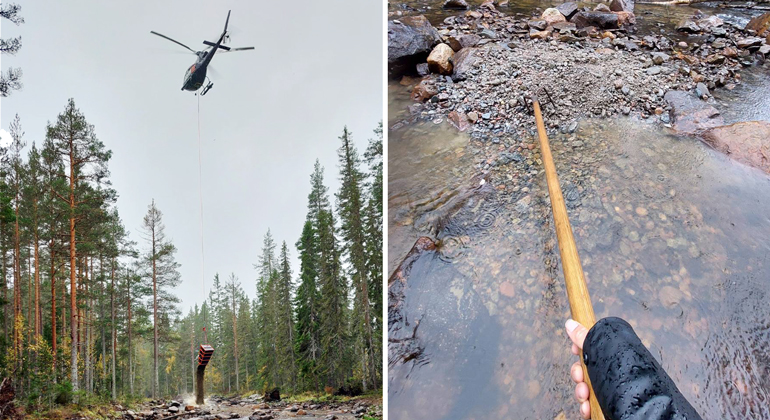 Kollage med två bilder. En helikopter som släpper grus och en där någon krattar grus.